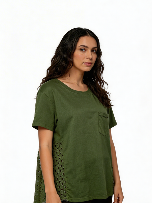 Sunlit Ease Relaxed Fit Cotton Tee with Eyelet Panel Detail -Khaki