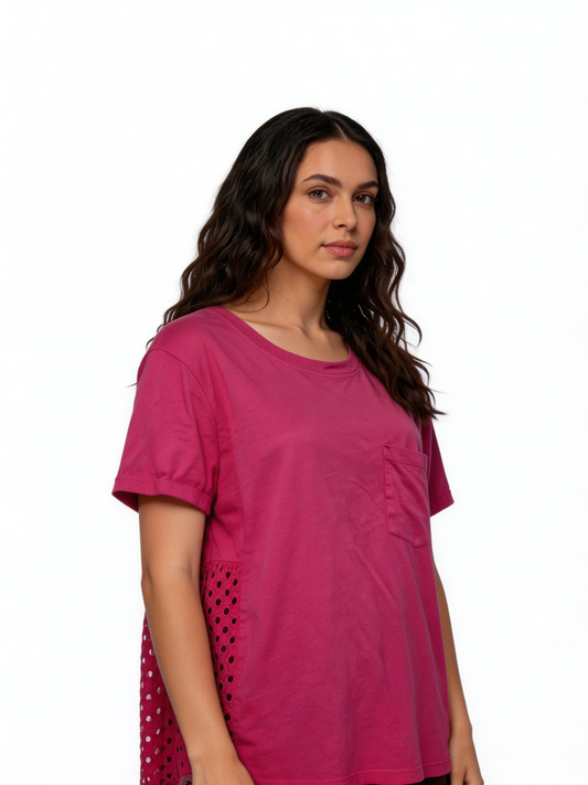 Sunlit Ease Relaxed Fit Cotton Tee with Eyelet Panel Detail -Fuchsia