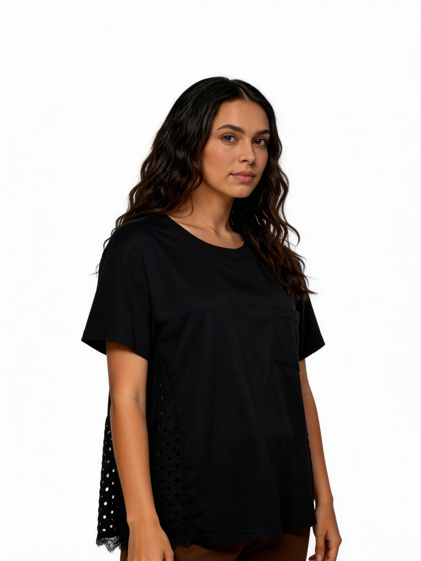 Sunlit Ease Relaxte Katoenen Tee met Oogjespaneeldetail - Zwart