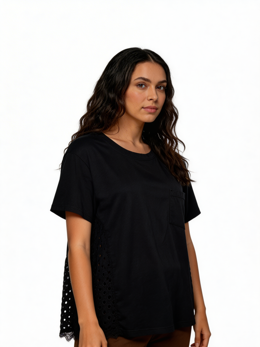 Sunlit Ease Relaxed Fit Cotton Tee with Eyelet Panel Detail -Black