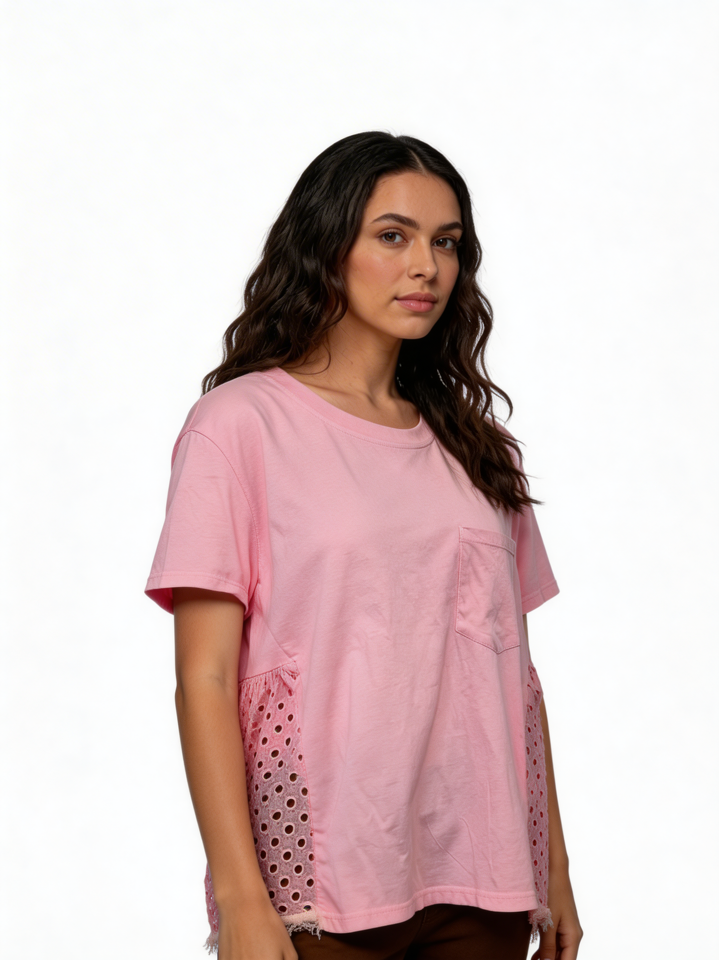 Sunlit Ease Relaxed Fit Cotton Tee with Eyelet Panel Detail -Soft Pink