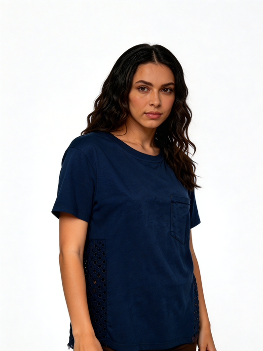 Sunlit Ease Relaxed Fit Cotton Tee with Eyelet Panel Detail - Navy