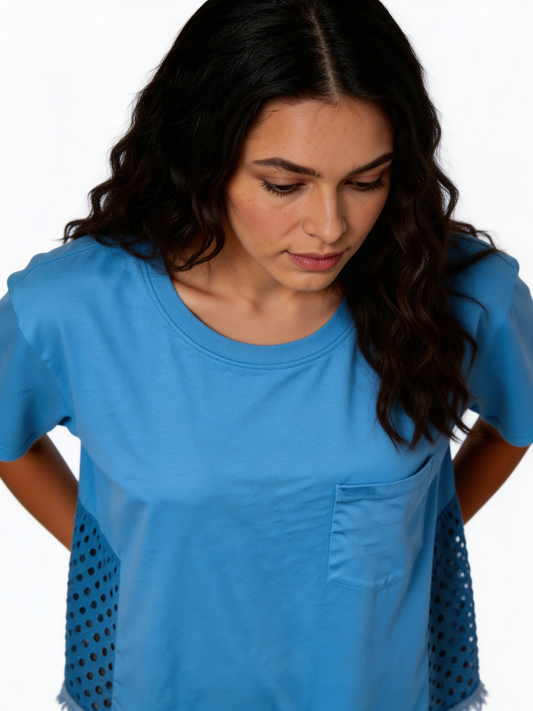 Sunlit Ease Relaxed Fit Cotton Tee with Eyelet Panel Detail -Sky Blue