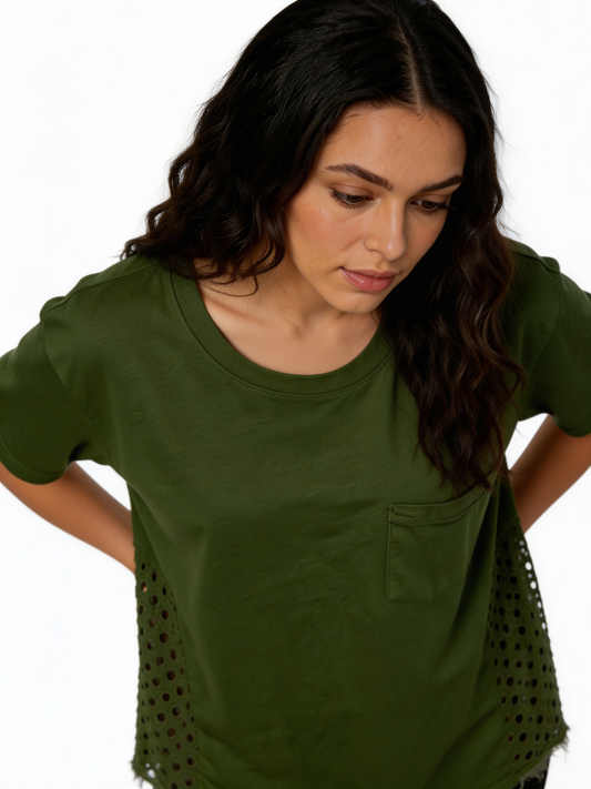 Sunlit Ease Relaxed Fit Cotton Tee with Eyelet Panel Detail -Khaki