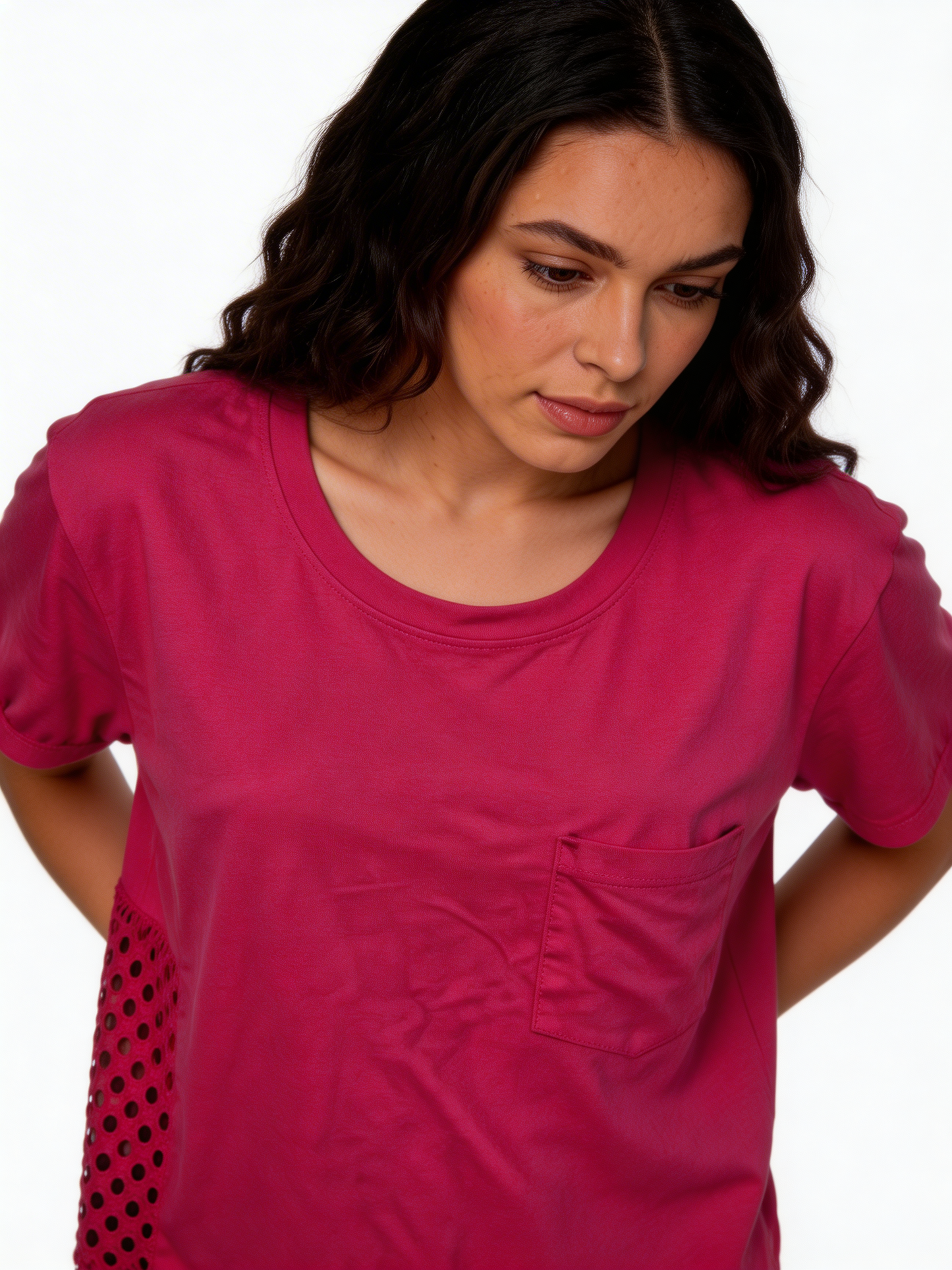 Sunlit Ease Relaxed Fit Cotton Tee with Eyelet Panel Detail -Fuchsia