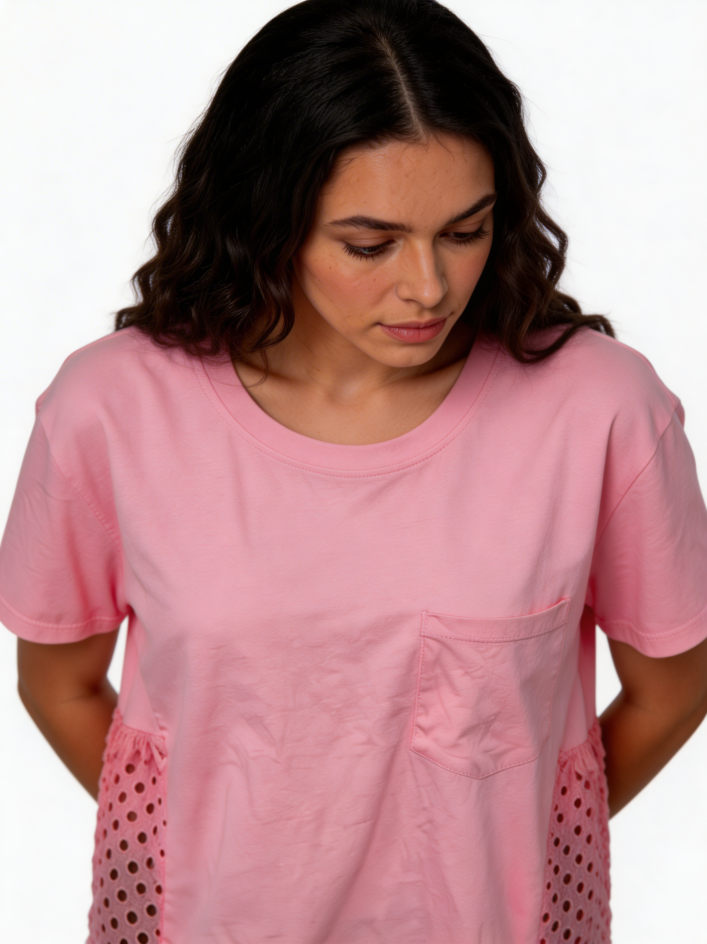 Sunlit Ease Relaxed Fit Cotton Tee with Eyelet Panel Detail -Soft Pink