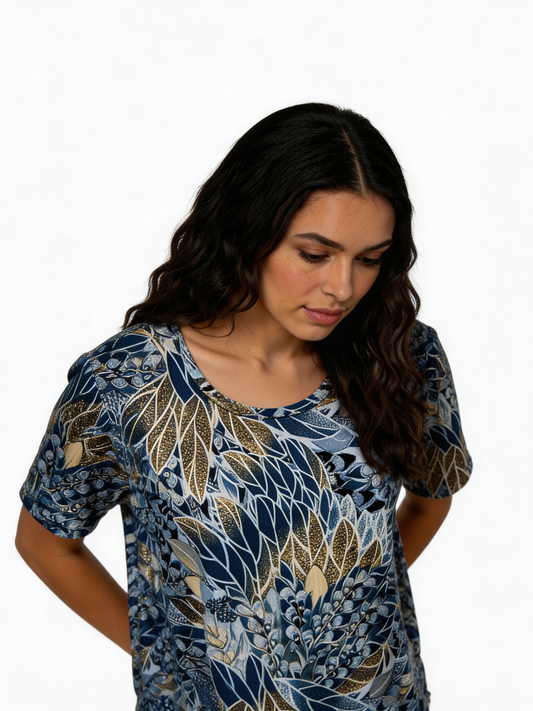 Floral Leaf Print Swing Top – Short Sleeve Relaxed Fit Blouse - Denim