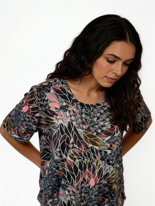 Floral Leaf Print Swing Top – Short Sleeve Relaxed Fit Blouse - Grey