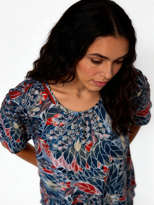 Floral Leaf Print Swing Top – Short Sleeve Relaxed Fit Blouse - Cerise