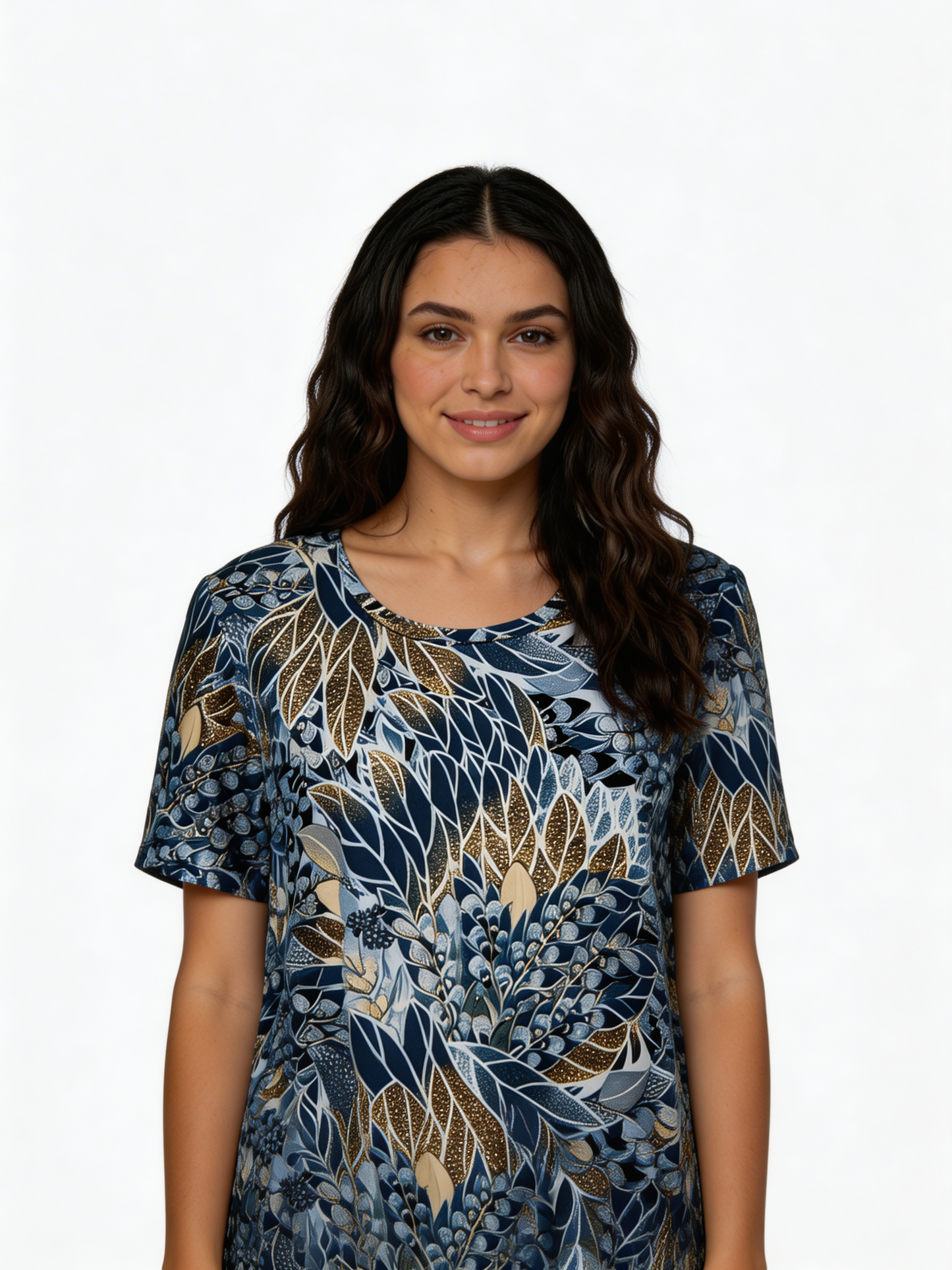 Bloemen-bladprint swingtop – Blouse met korte mouwen en losse pasvorm – Denim