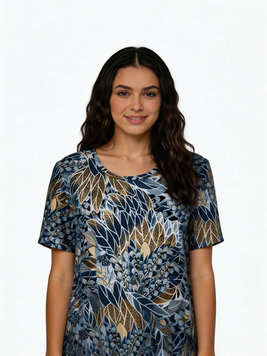 Floral Leaf Print Swing Top – Short Sleeve Relaxed Fit Blouse - Denim