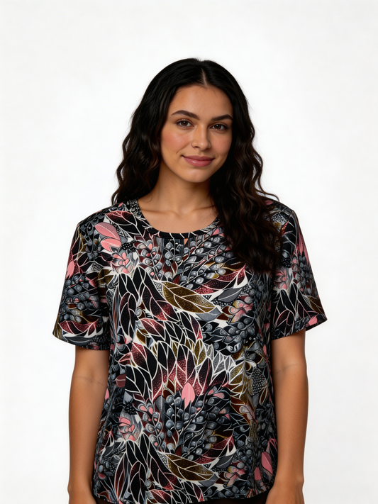 Floral Leaf Print Swing Top – Short Sleeve Relaxed Fit Blouse - Grey