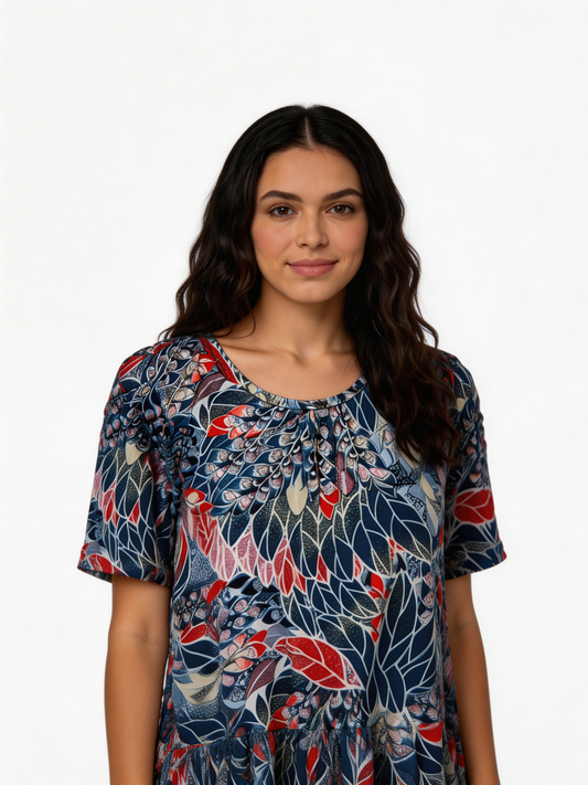 Floral Leaf Print Swing Top – Short Sleeve Relaxed Fit Blouse - Cerise