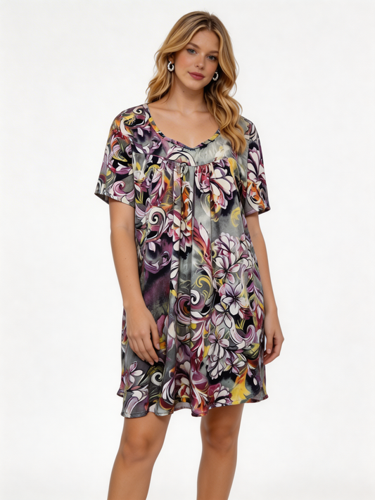 Bold Floral Swing Dress – Short Sleeve V-Neck Smock Dress - Grey
