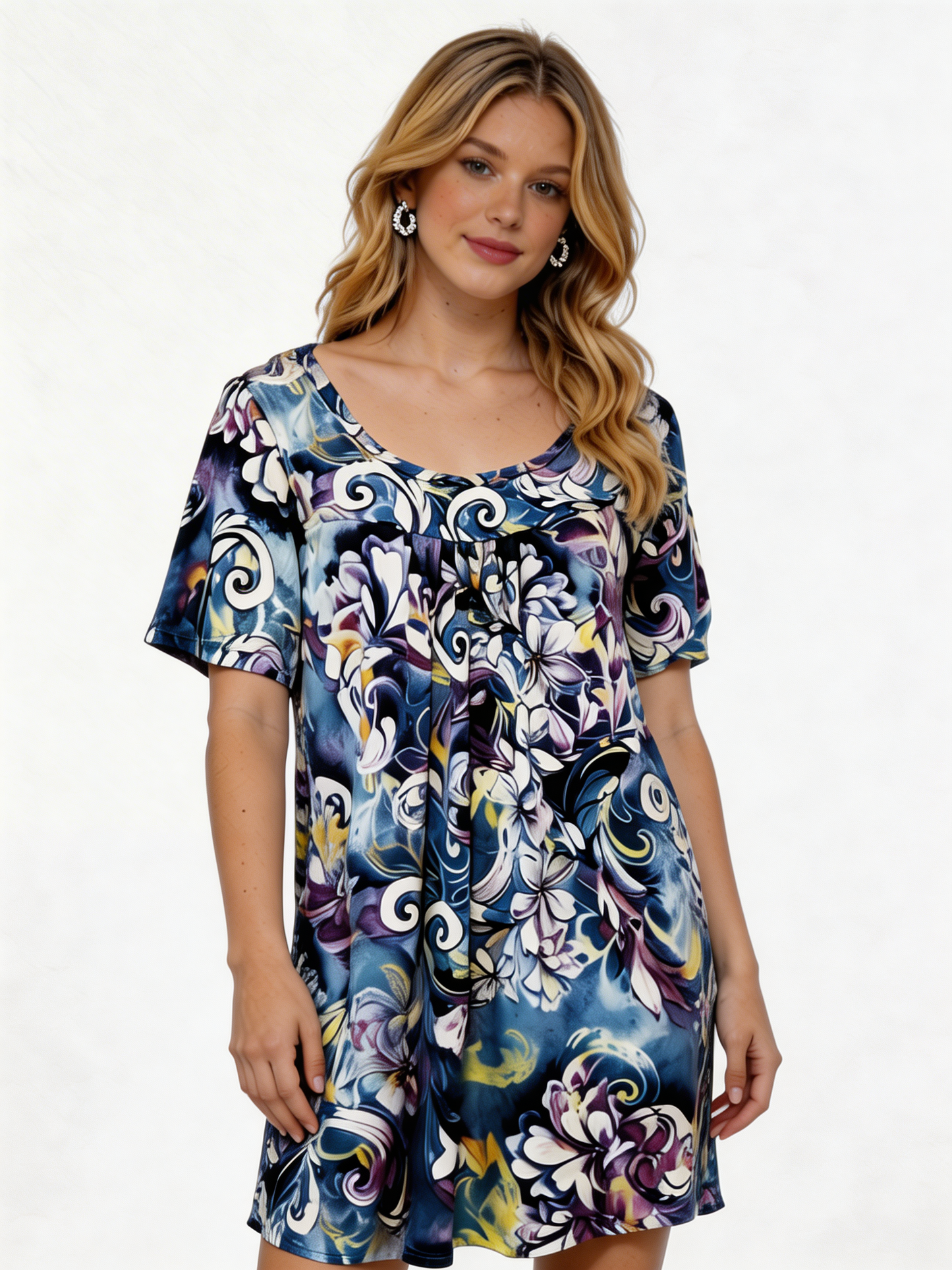 Opvallende gebloemde swingjurk – Smockjurk met korte mouwen en V-hals - Blauw