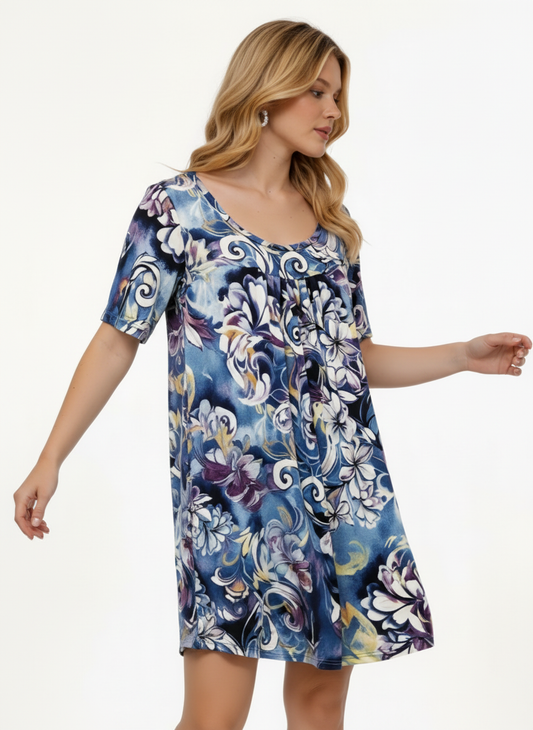 Bold Floral Swing Dress – Short Sleeve V-Neck Smock Dress - Blue