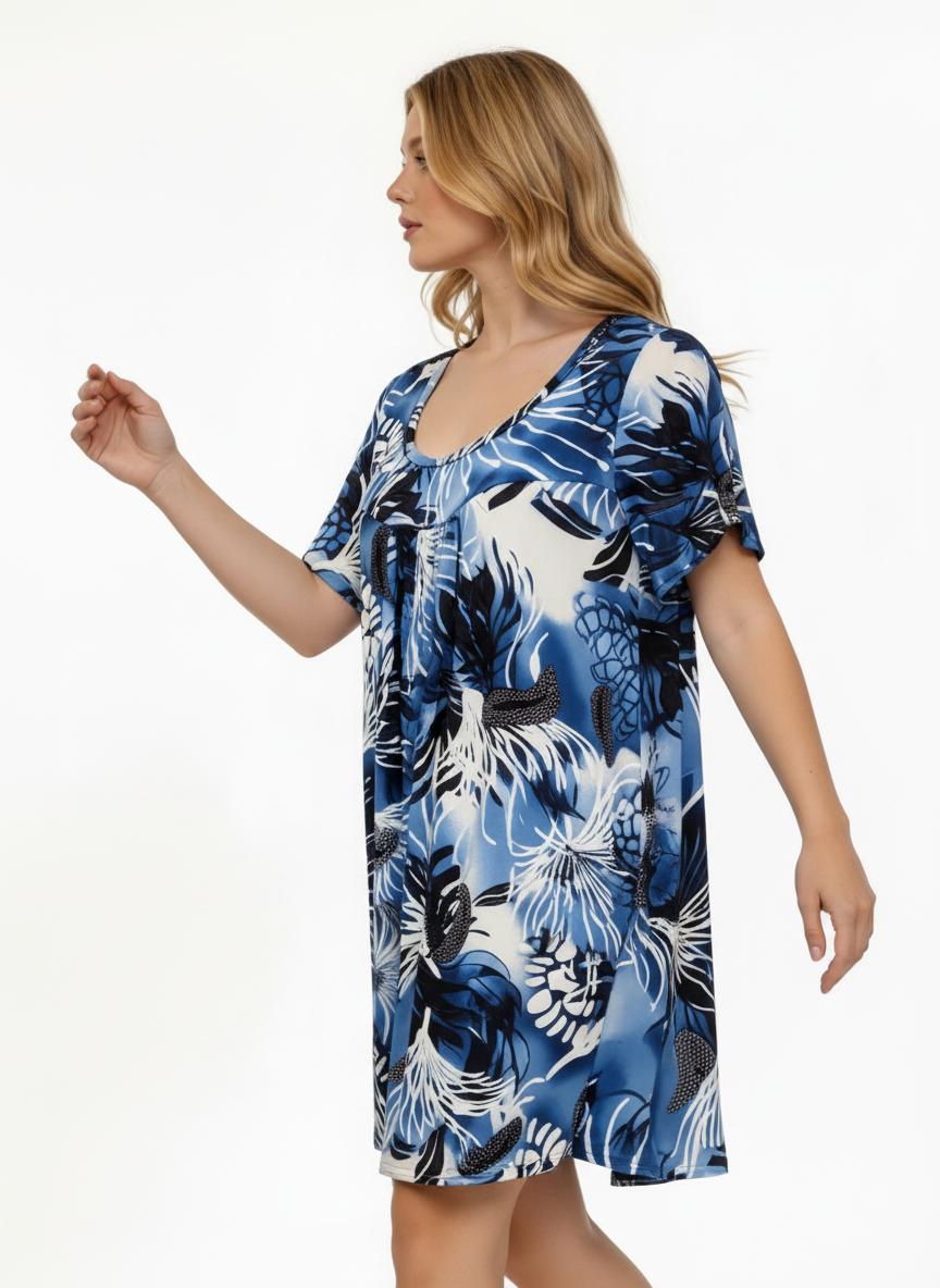 Swingjurk met tropische bladprint – Smockjurk met korte mouwen - Blauw