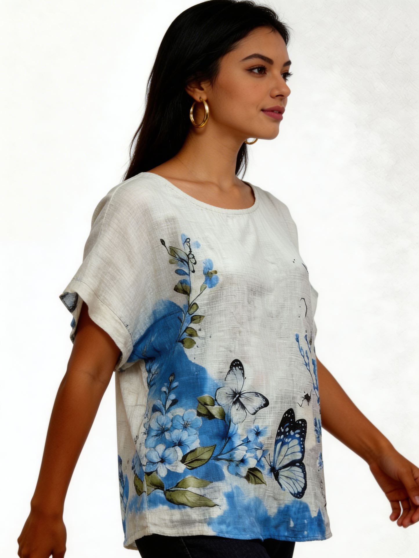 Butterfly Floral Print Linen-Look Top - White