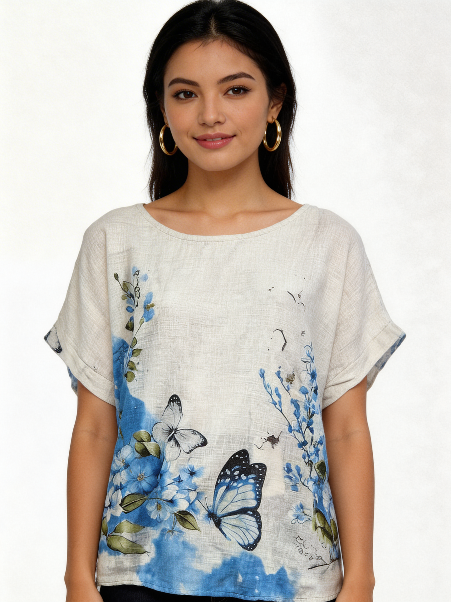 Butterfly Floral Print Linen-Look Top - White