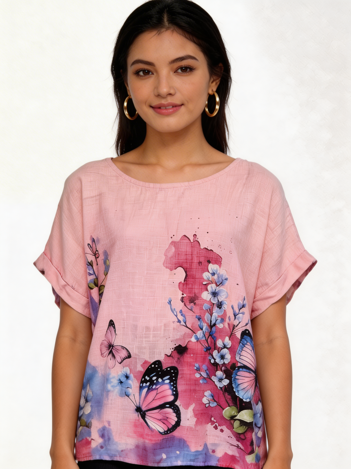 Vlinder Bloemenprint Linnenlook Top - Zachtroze