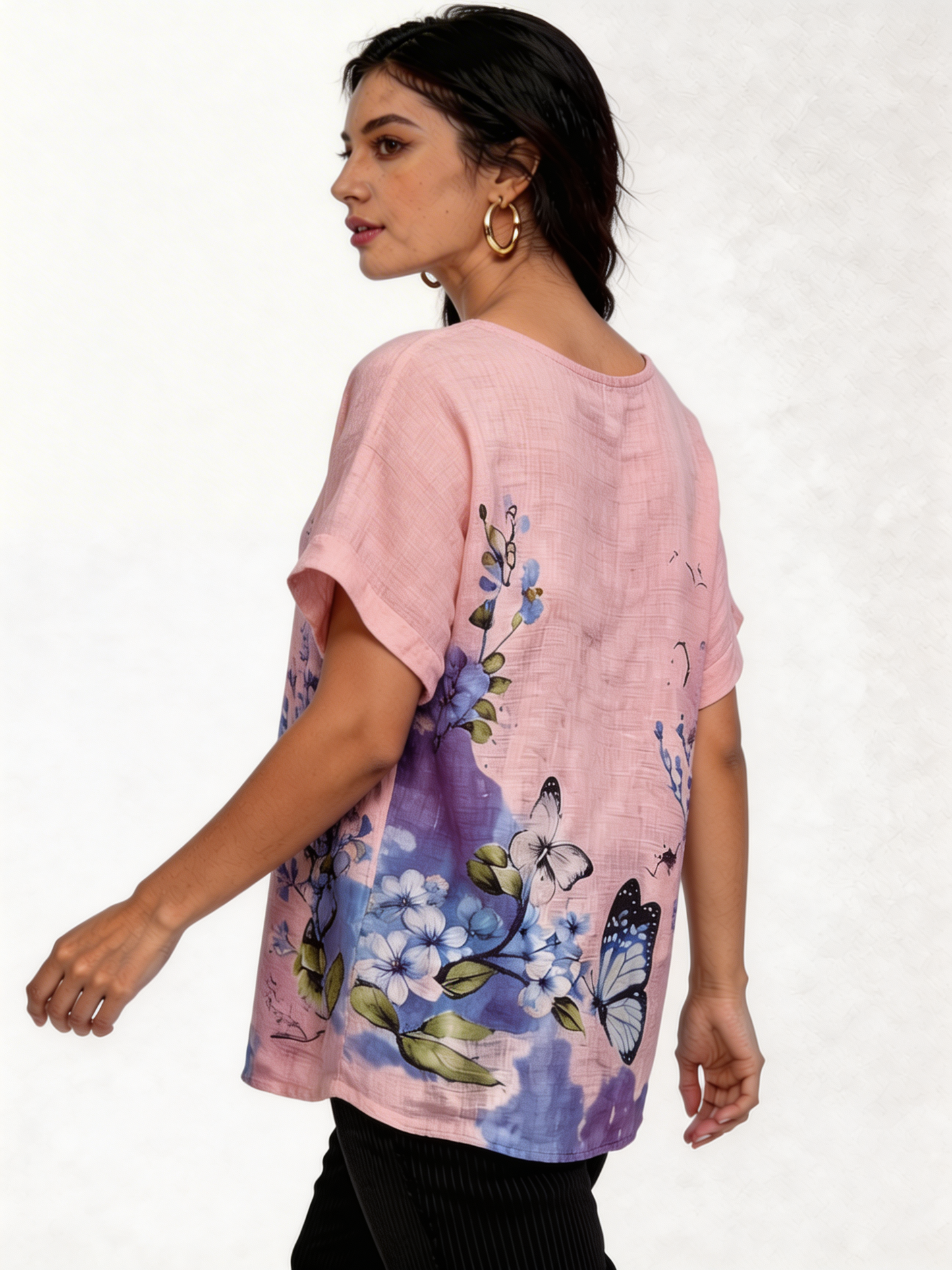 Vlinder Bloemenprint Linnenlook Top - Zachtroze