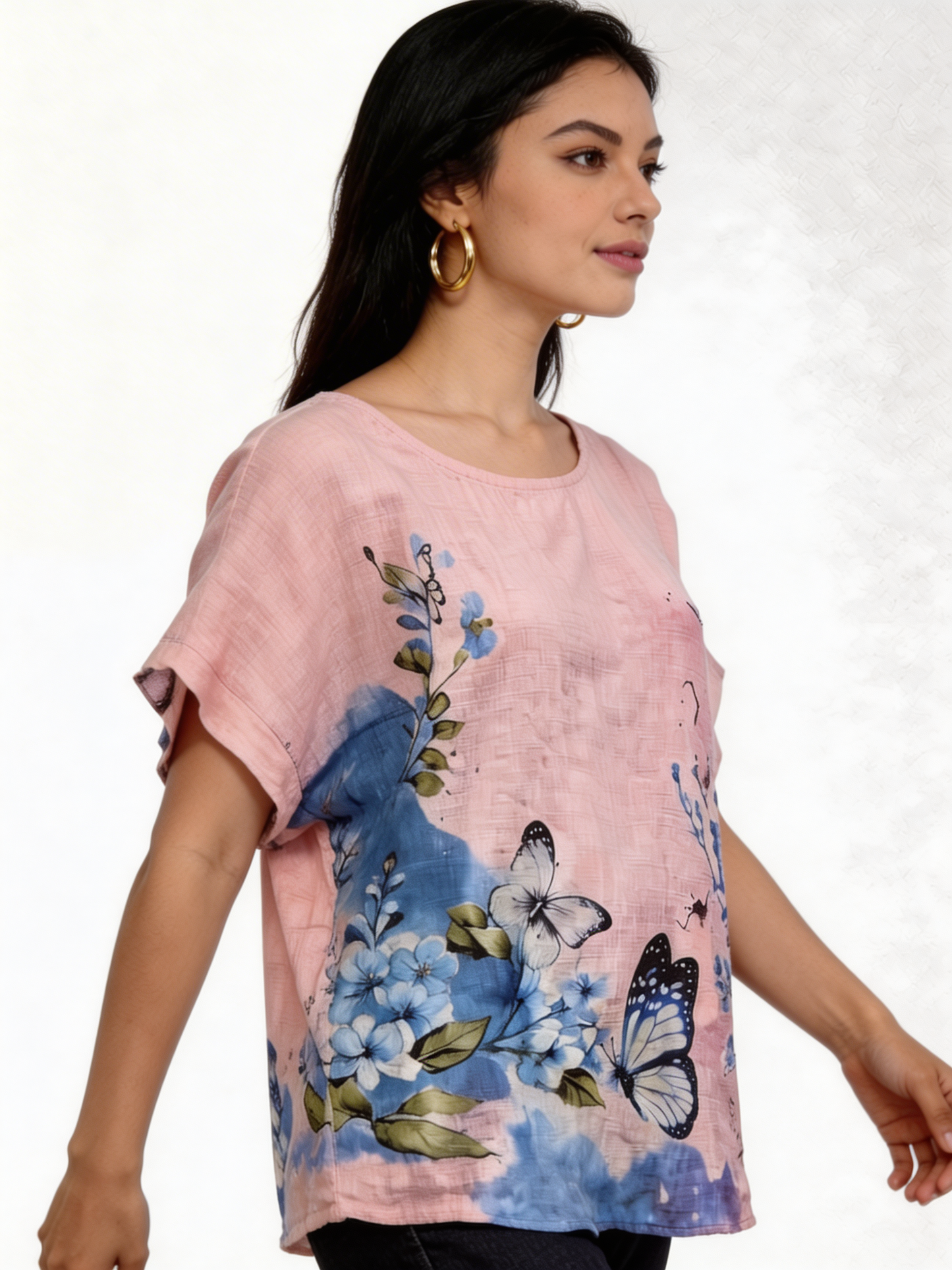 Vlinder Bloemenprint Linnenlook Top - Zachtroze