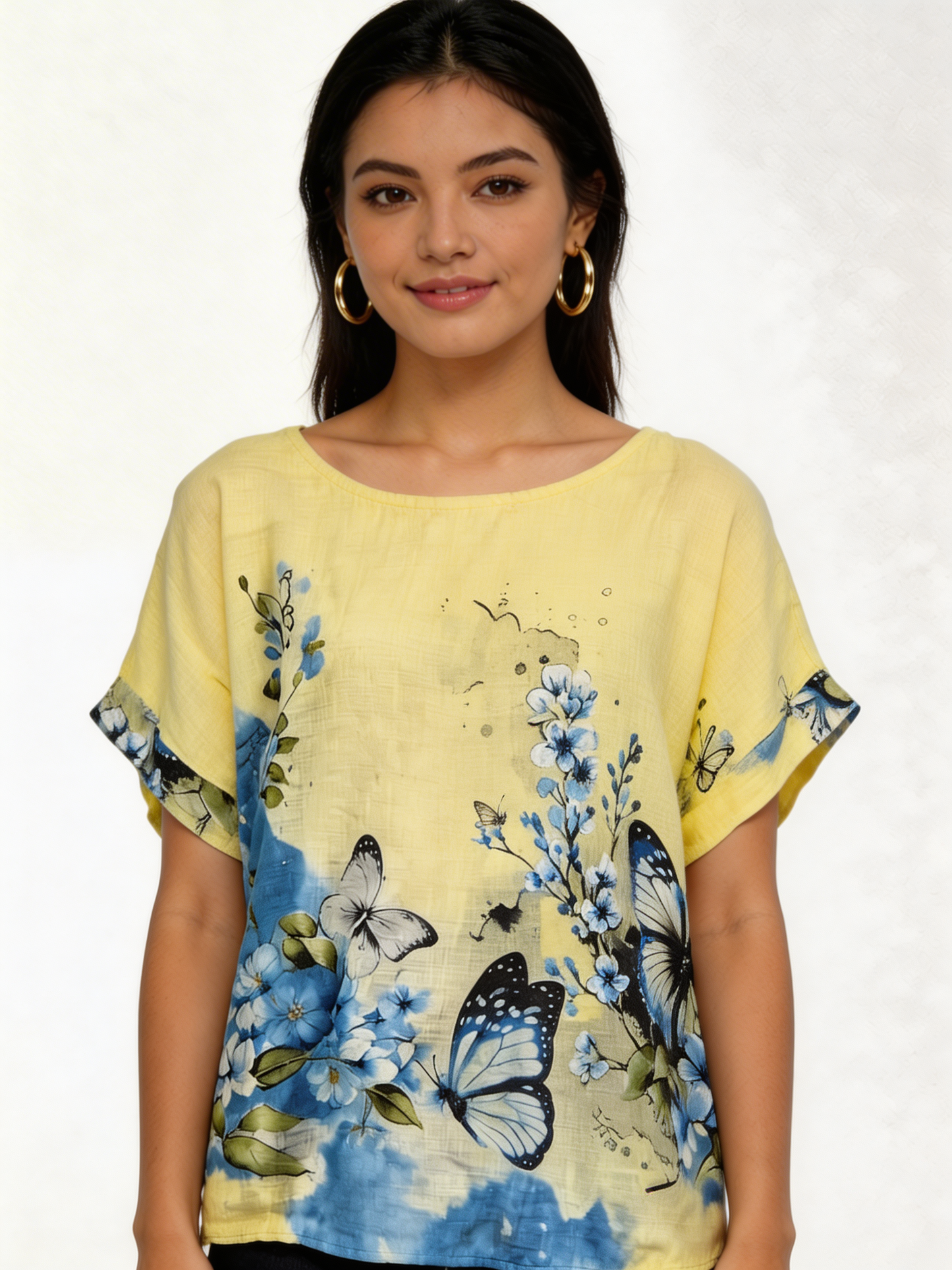 Top met vlinder- en bloemenprint, linnenlook - Zacht citroen
