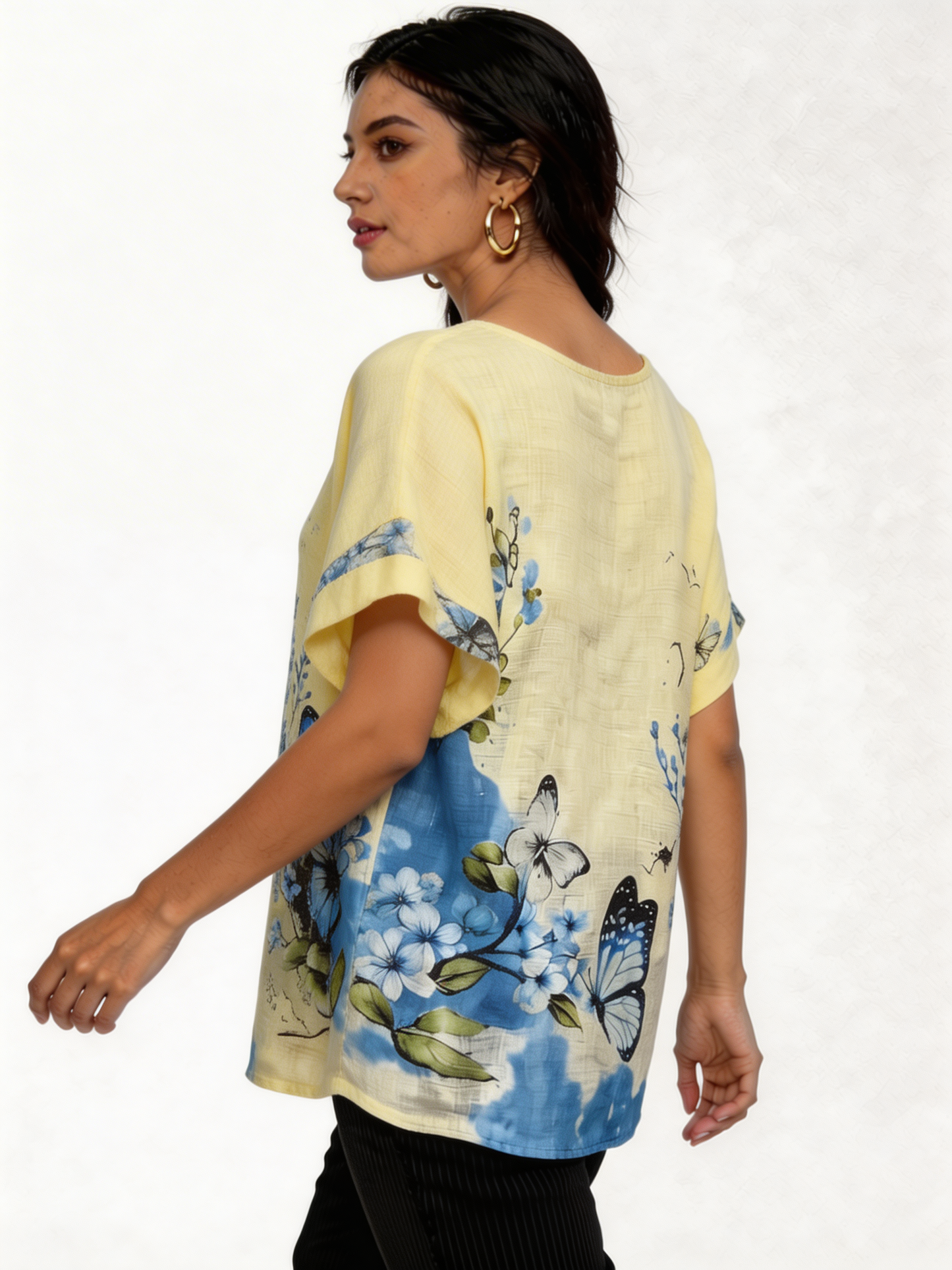 Top met vlinder- en bloemenprint, linnenlook - Zacht citroen