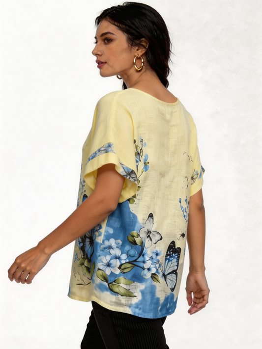 Top met vlinder- en bloemenprint, linnenlook - Zacht citroen