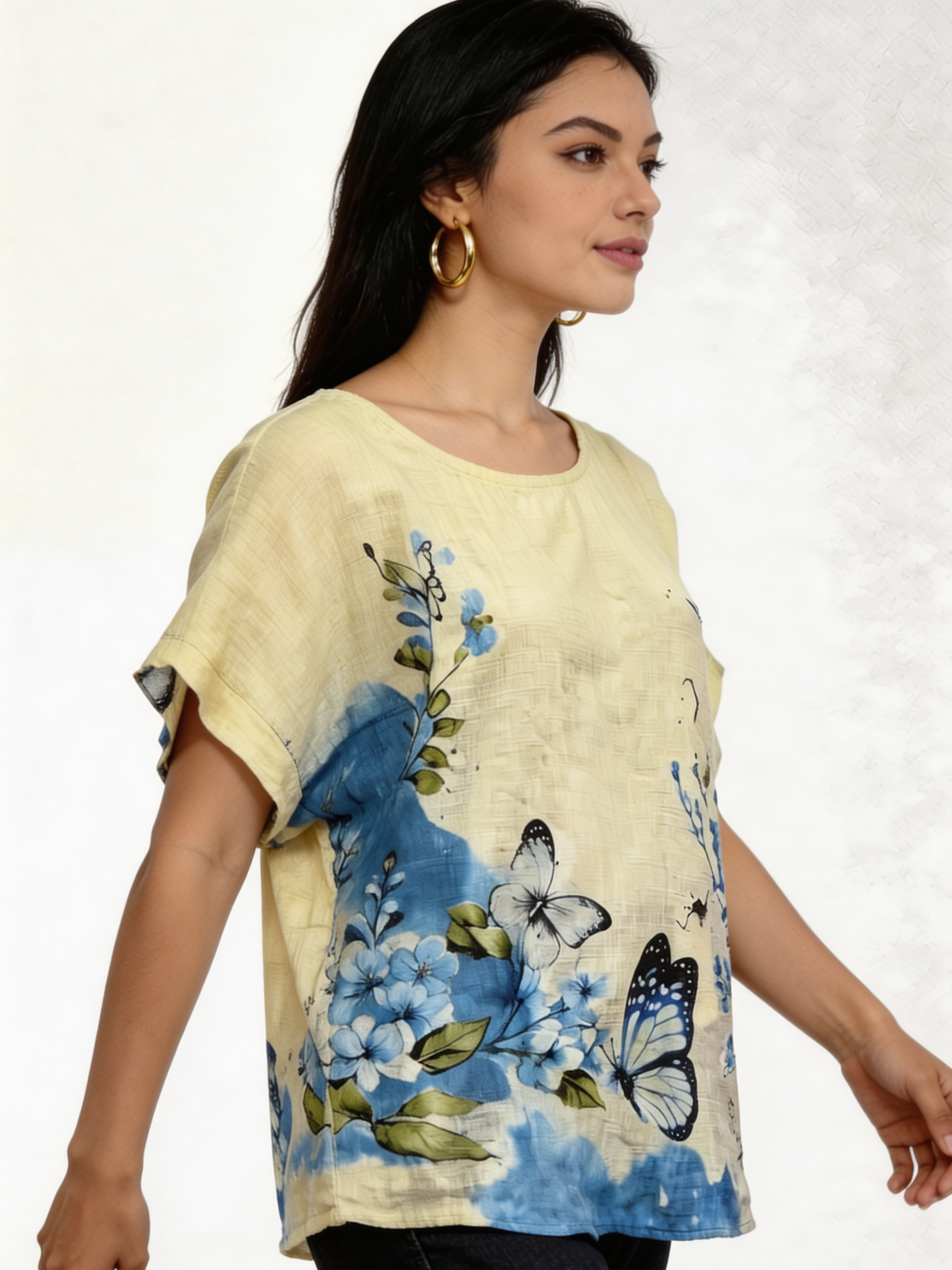 Top met vlinder- en bloemenprint, linnenlook - Zacht citroen
