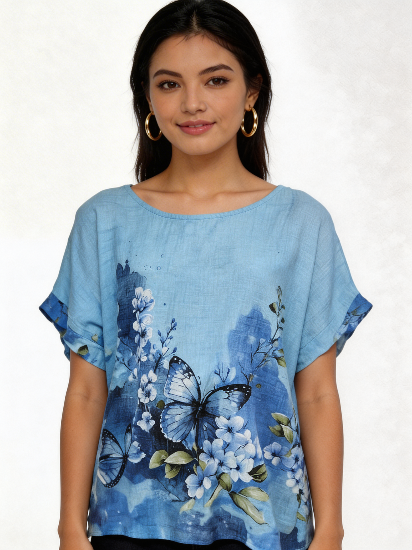 Vlinder Bloemenprint Linnenlook Top - Hemelsblauw