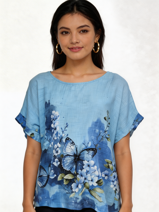 Vlinder Bloemenprint Linnenlook Top - Hemelsblauw