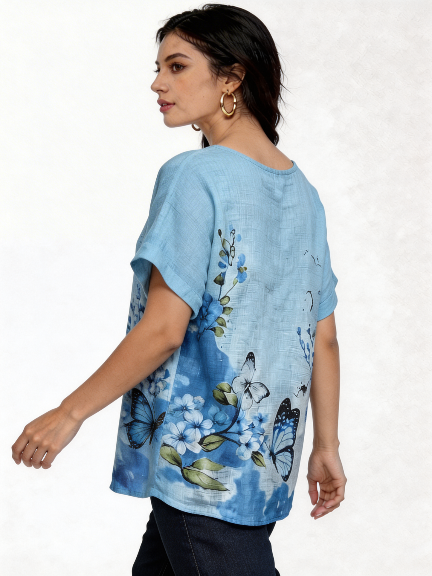 Vlinder Bloemenprint Linnenlook Top - Hemelsblauw