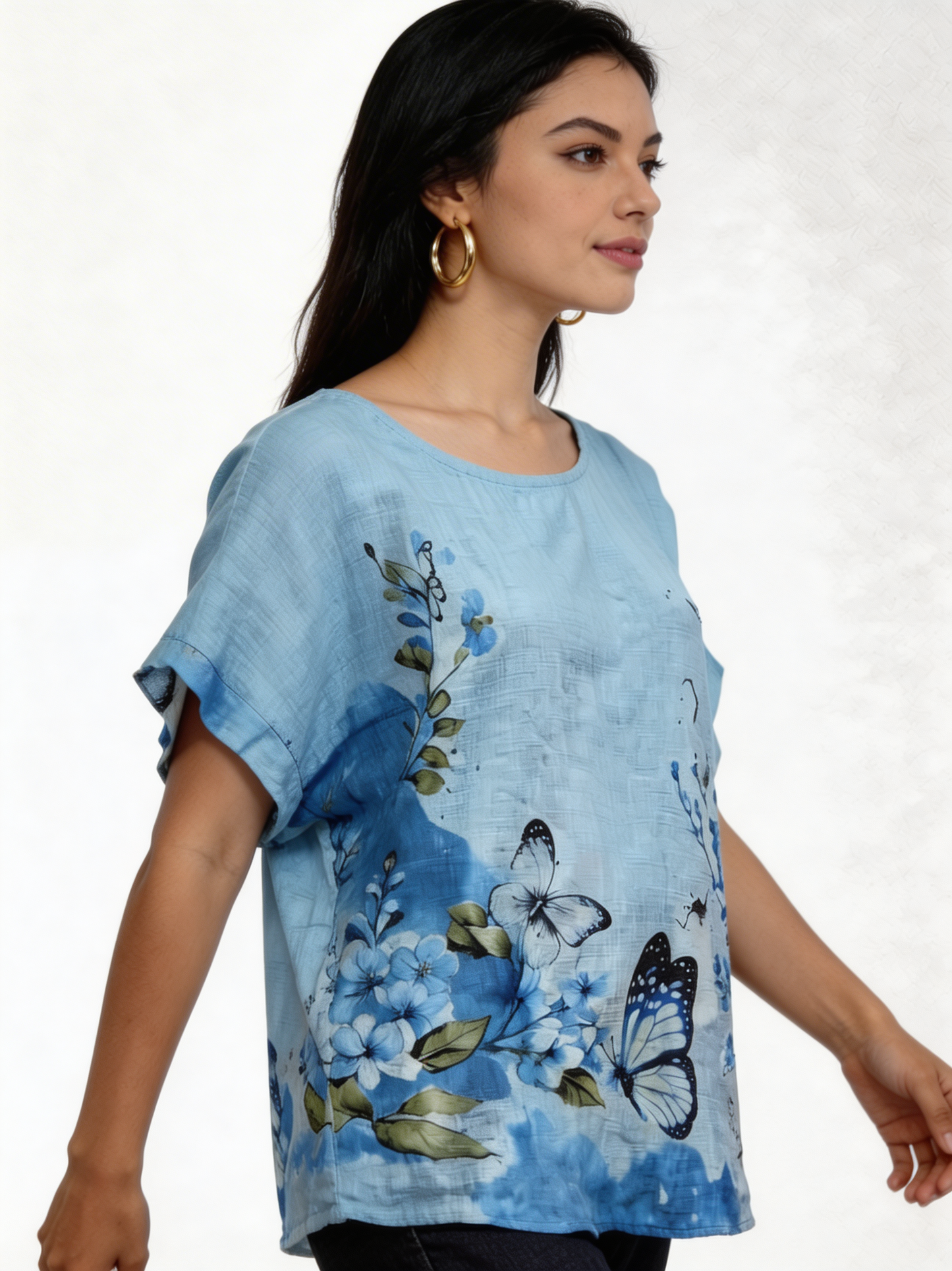 Vlinder Bloemenprint Linnenlook Top - Hemelsblauw