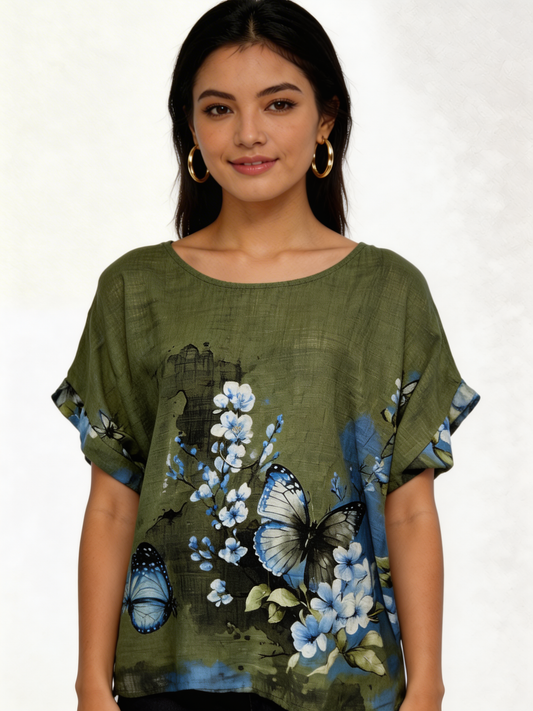 Butterfly Floral Print Linen-Look Top - Khaki