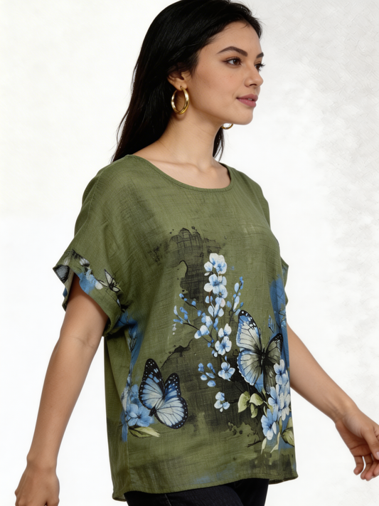 Butterfly Floral Print Linen-Look Top - Khaki
