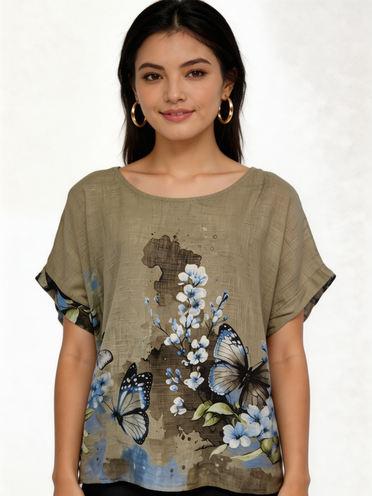 Vlindertop met bloemenprint en linnenlook - Taupe