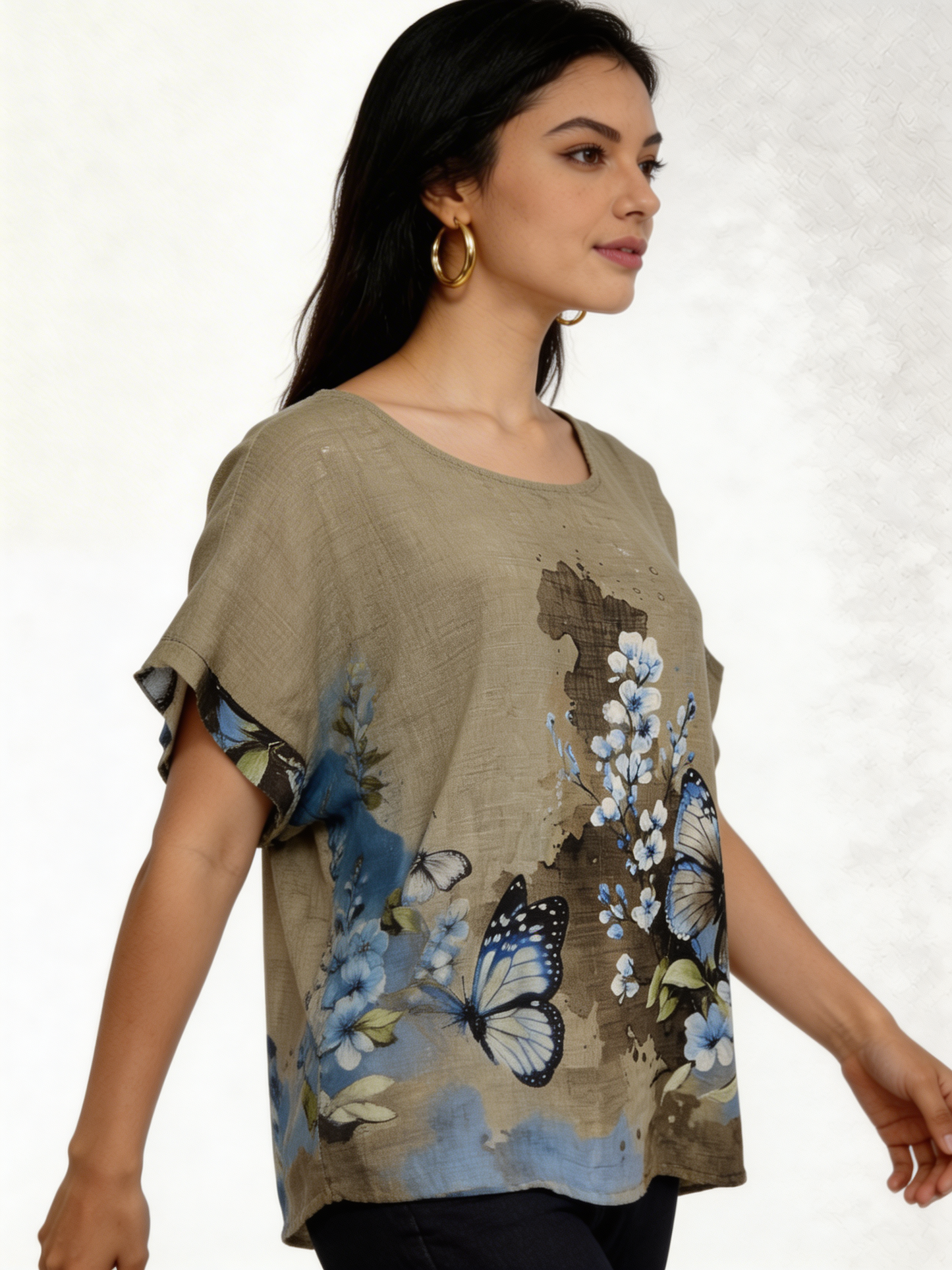 Vlindertop met bloemenprint en linnenlook - Taupe