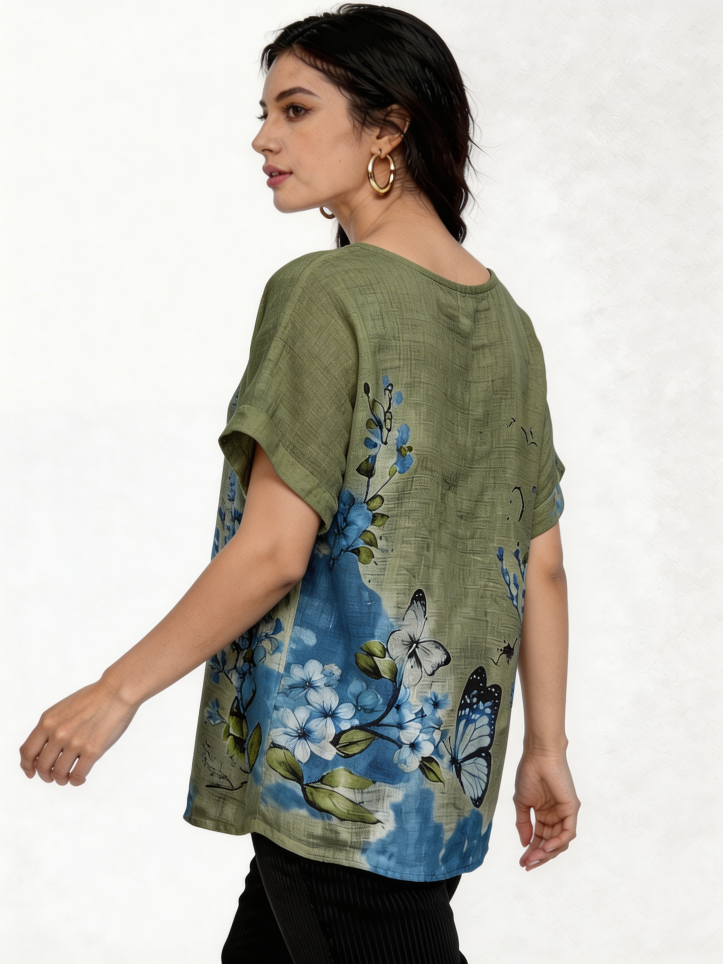 Butterfly Floral Print Linen-Look Top - Khaki