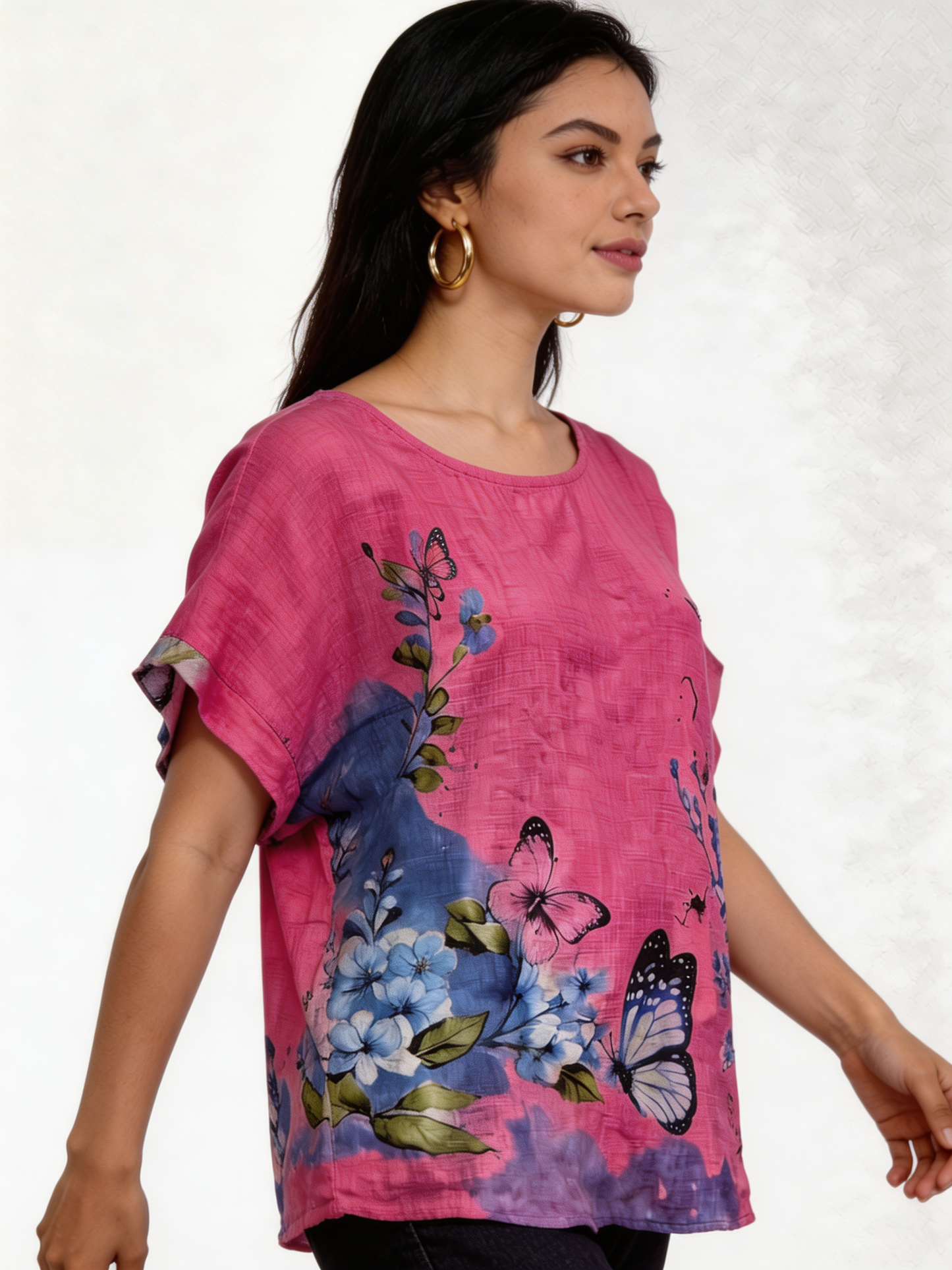 Butterfly Bloemenprint Linnenlook Top - Fuchsia
