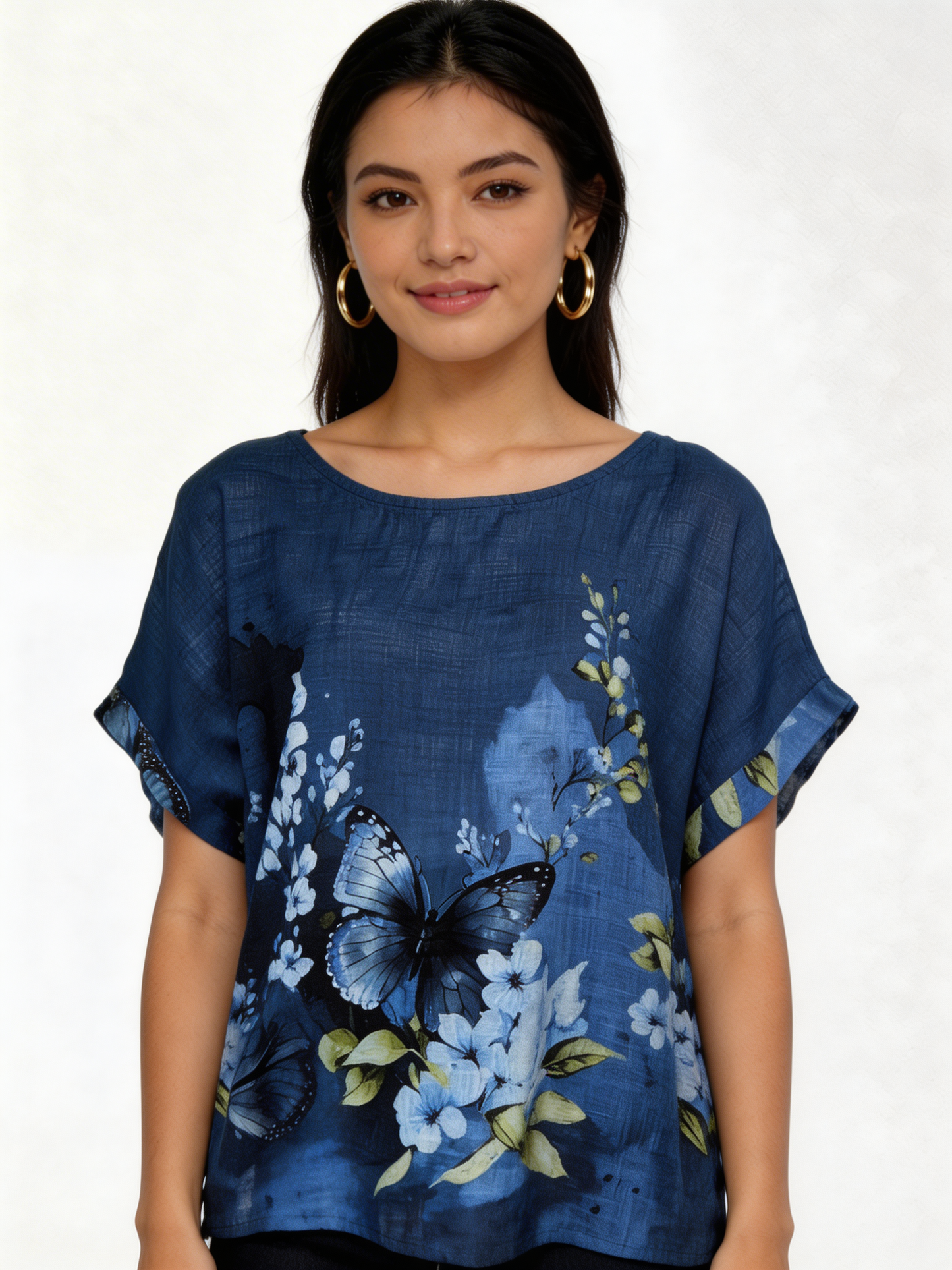 Vlindertop met bloemenprint in linnenlook - Denim