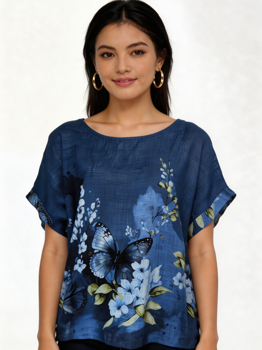 Vlindertop met bloemenprint in linnenlook - Denim