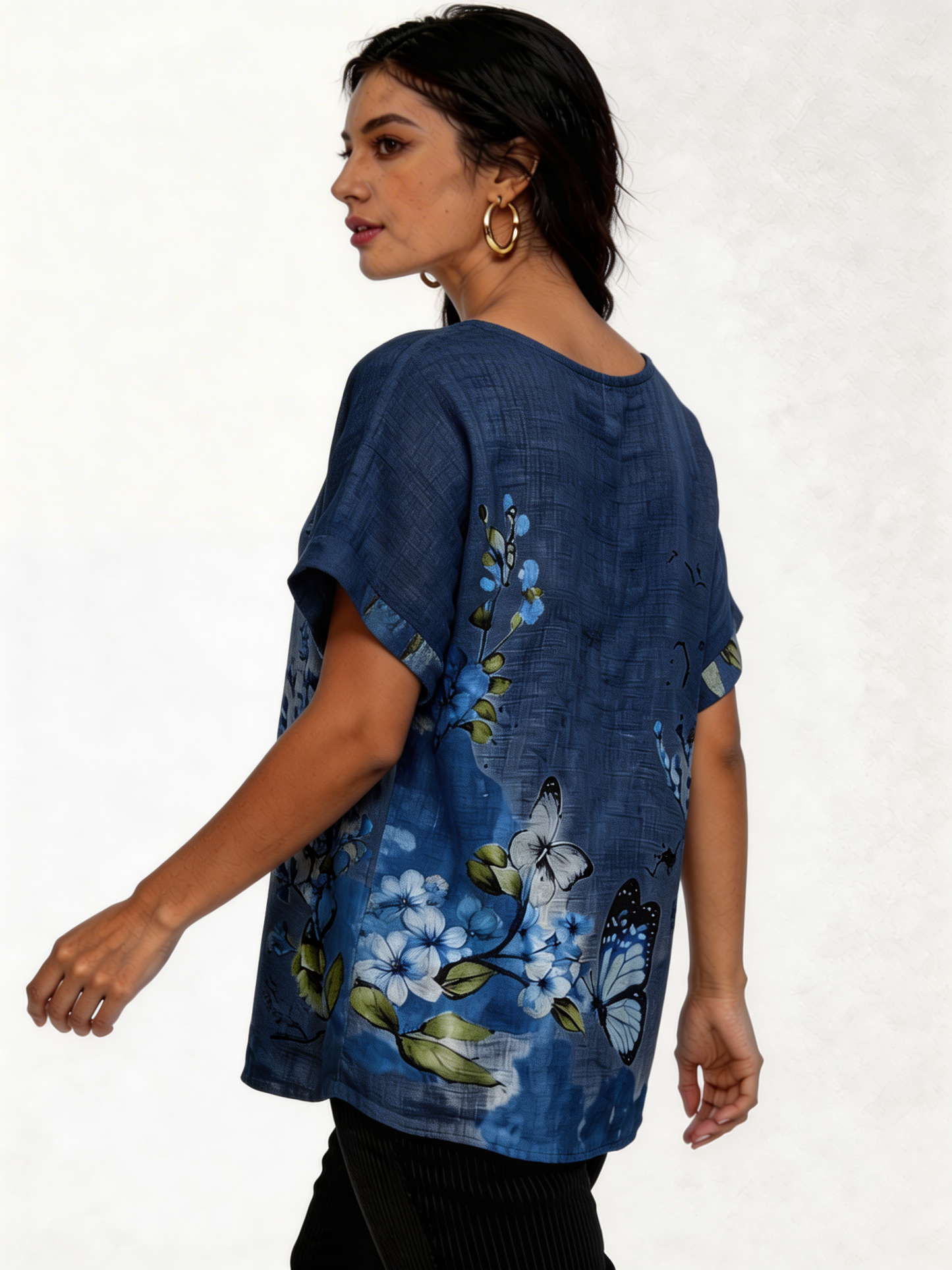 Vlindertop met bloemenprint in linnenlook - Denim