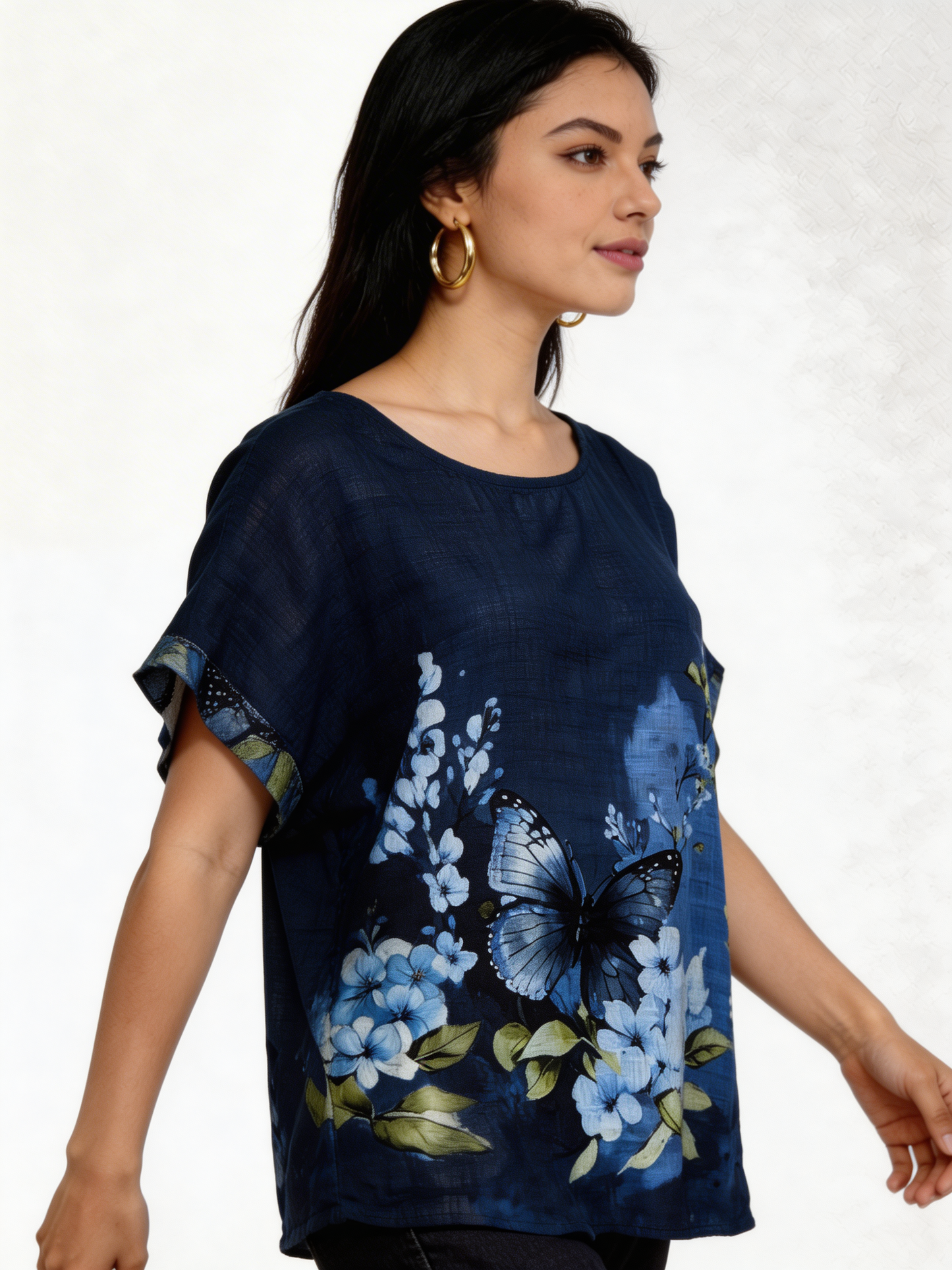 Vlindertop met bloemenprint in linnenlook - Denim