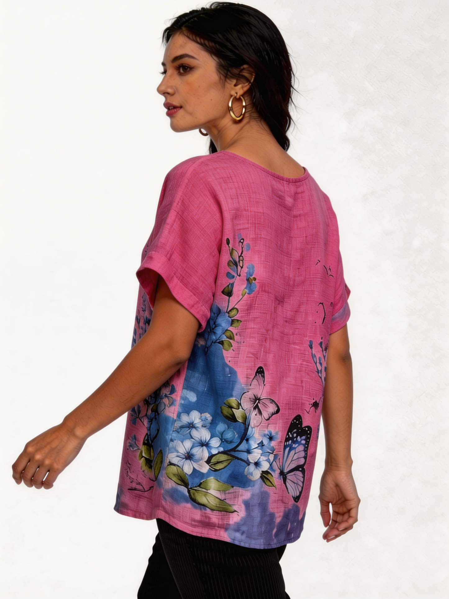 Butterfly Bloemenprint Linnenlook Top - Fuchsia