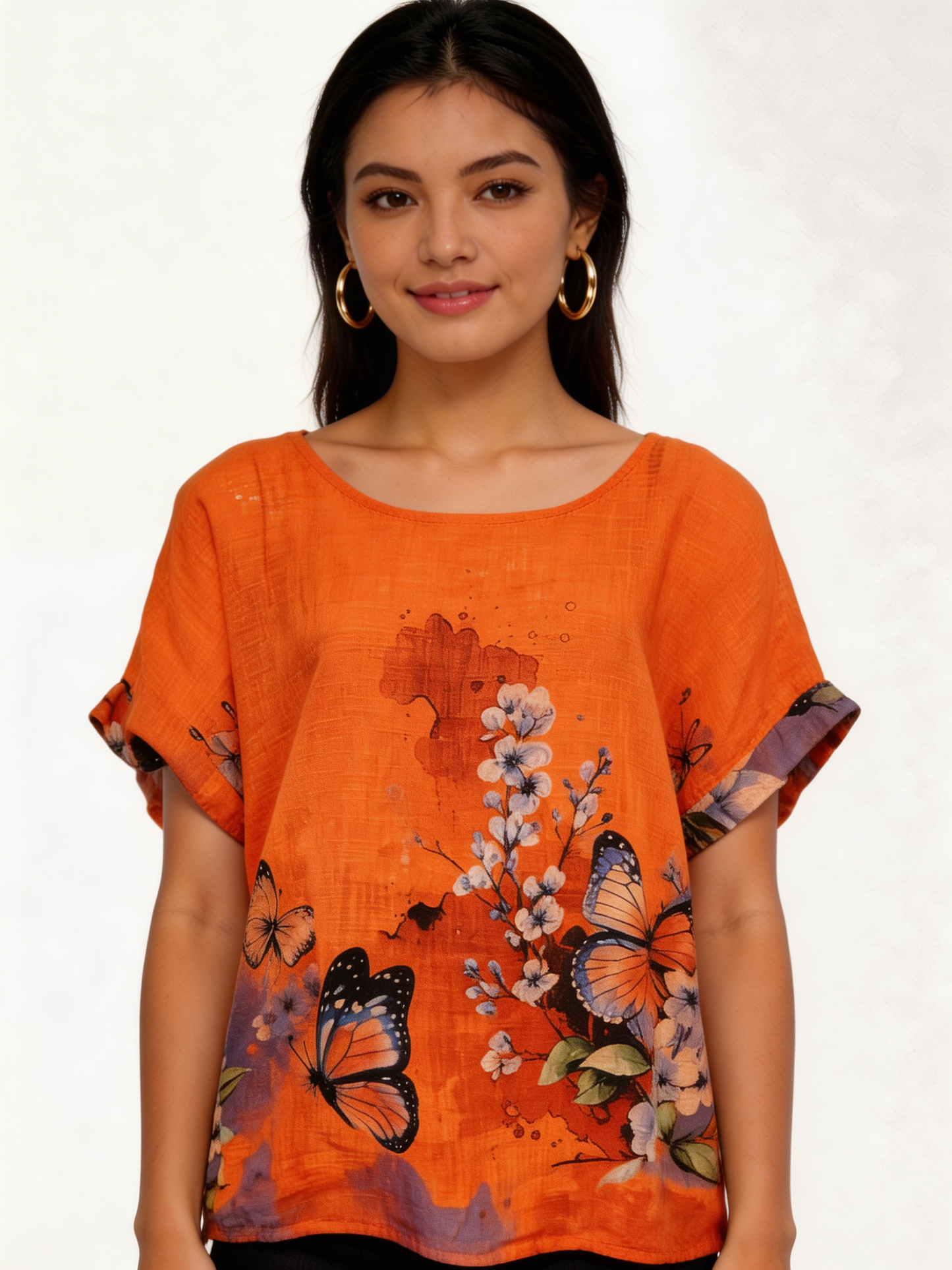 Vlinder Bloemenprint Linnenlook Top - Oranje
