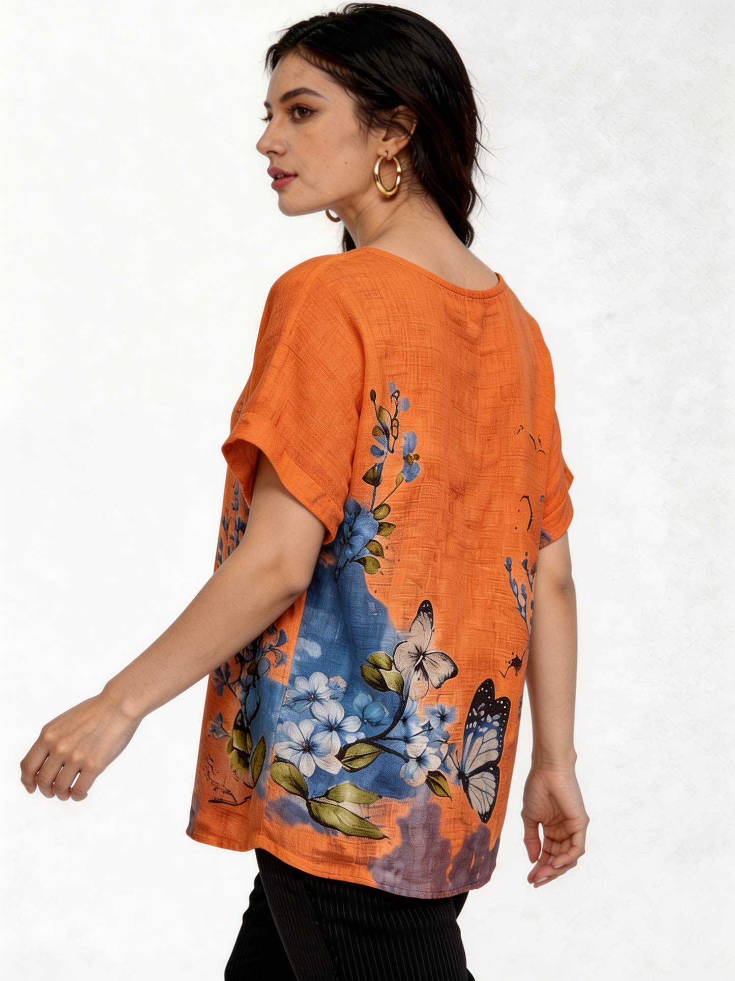 Vlinder Bloemenprint Linnenlook Top - Oranje