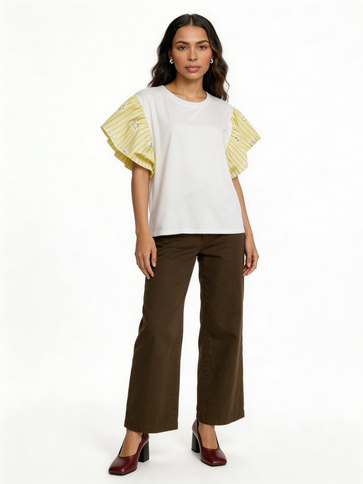 Star-Embellished Ruffle Flutter Sleeve Stripe Contrast T-Shirt - Lemon