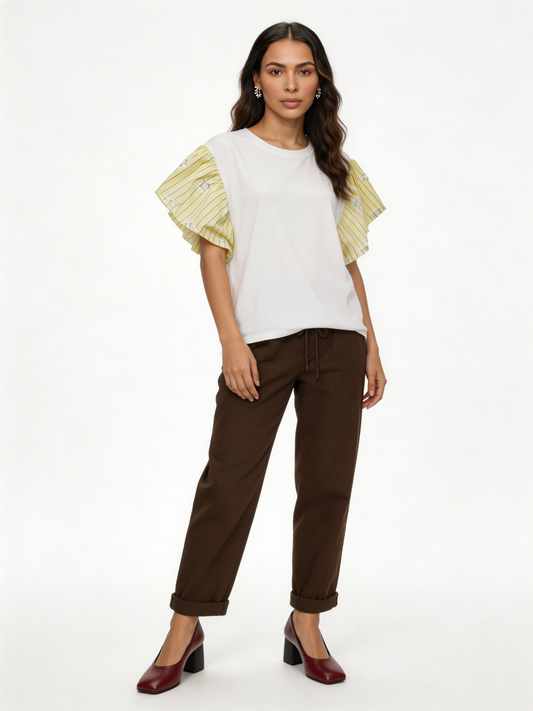 Star-Embellished Ruffle Flutter Sleeve Stripe Contrast T-Shirt - Lemon