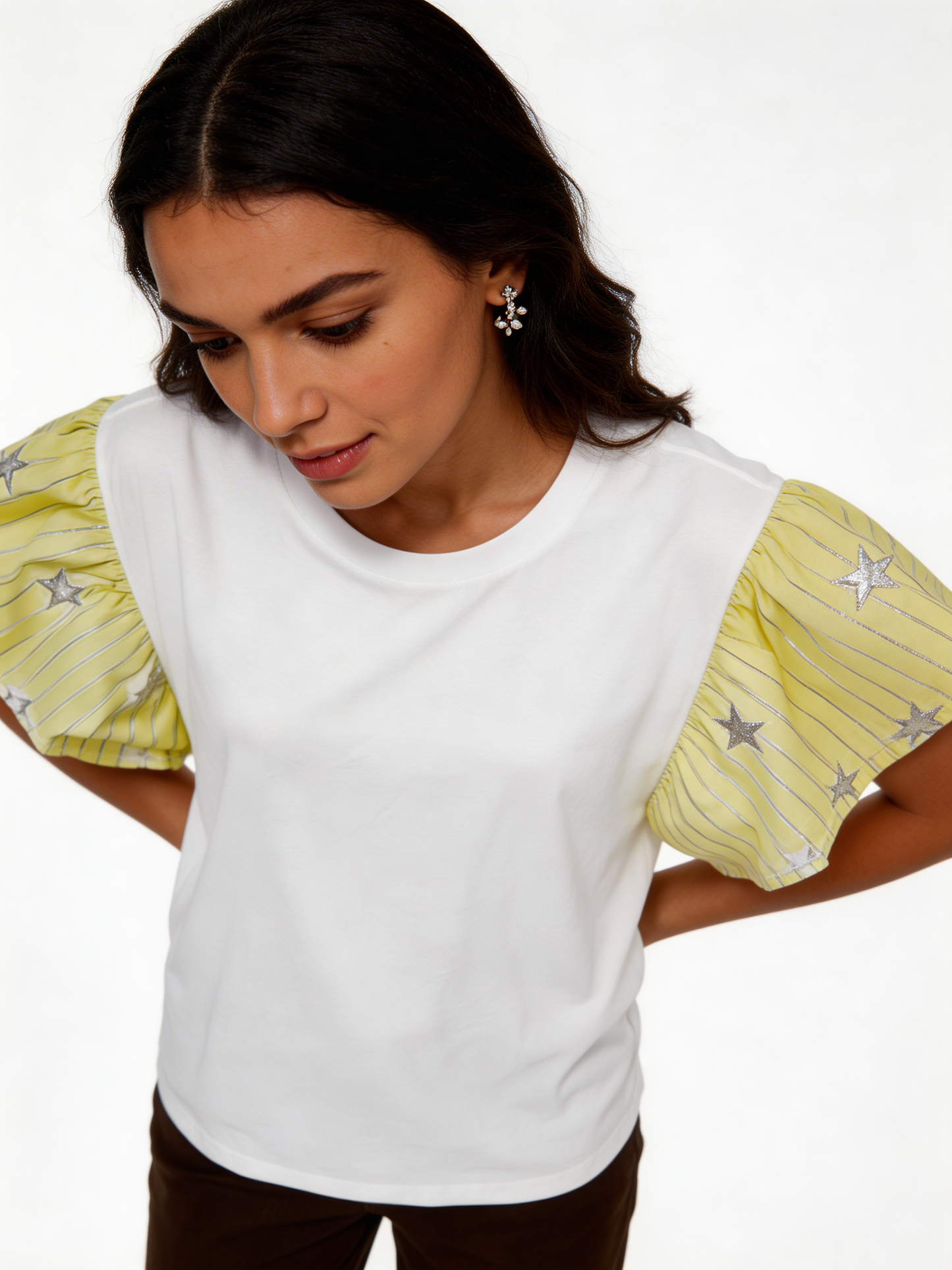 Star-Embellished Ruffle Flutter Sleeve Stripe Contrast T-Shirt - Lemon